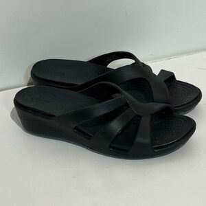 Crocs Black Women's Sanrah Strappy Open Toe Slip On Wedge Sandals Size 10